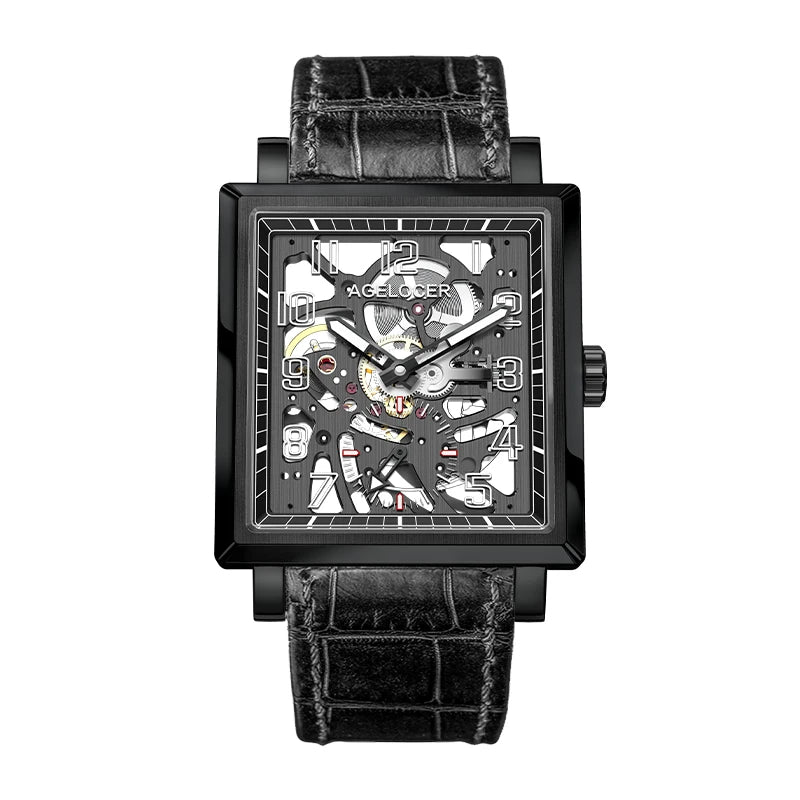 AGELOCER Original Codex Watch Men's Square Hollow Luminous Manual Mechanical Watch Birthday Gift for Men