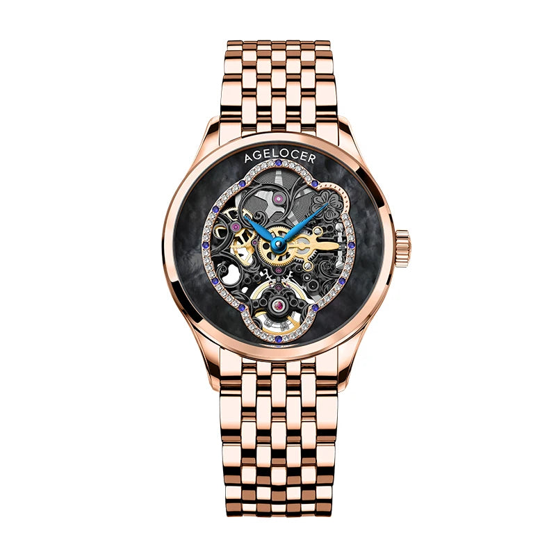 Agelocer Original Infatuated Mirror Watch Women's Business Formal Skeleton Automatic Mechanical Watch Birthday Gift for Women