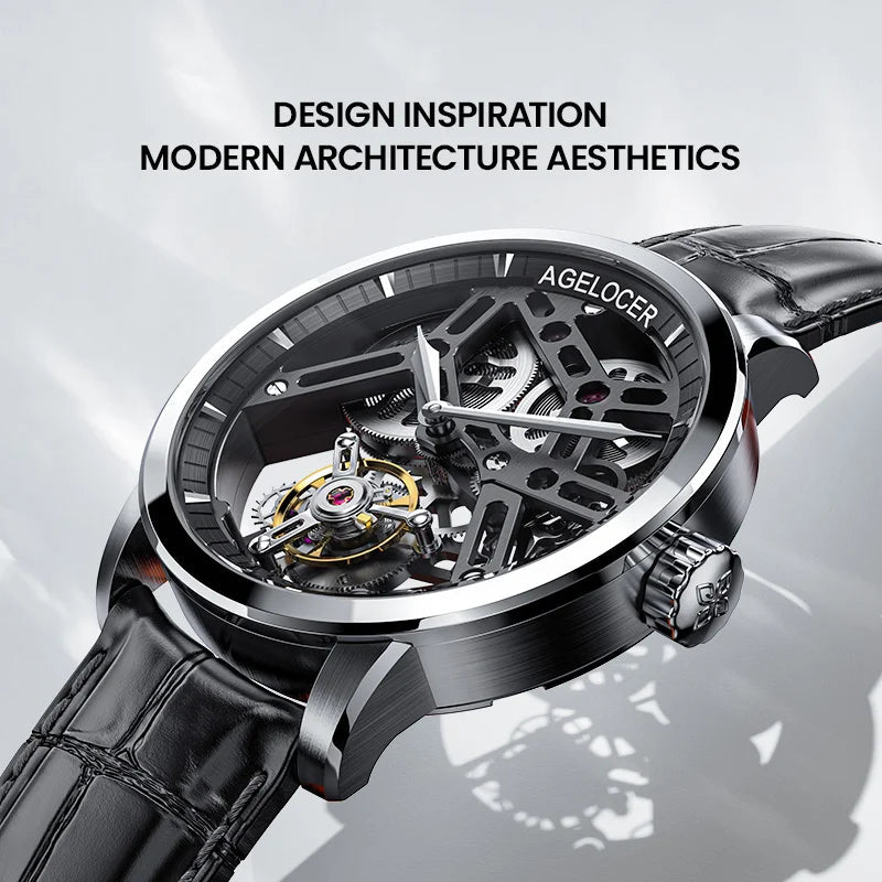 AGELOCER Original Tourbillon Watch Men's Business Formal Luxury Skeleton Manual Mechanical Watch Birthday Gift for Men