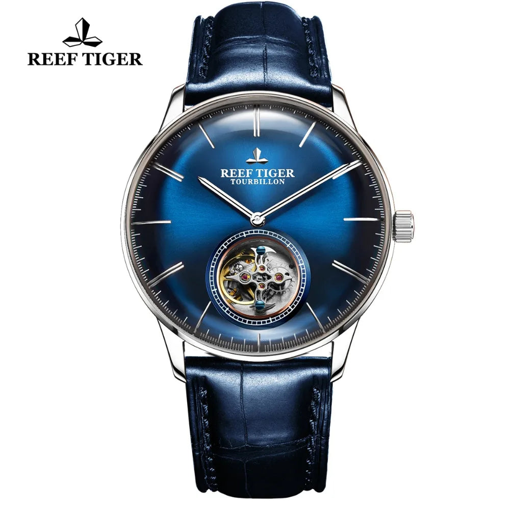 Reef Tiger/Rt Luxury Brand Automatic Mechanical Watches Blue Tourbillon Watch Men Leather Strap Relogio Masculine RGA1930 - Denis Vigilante