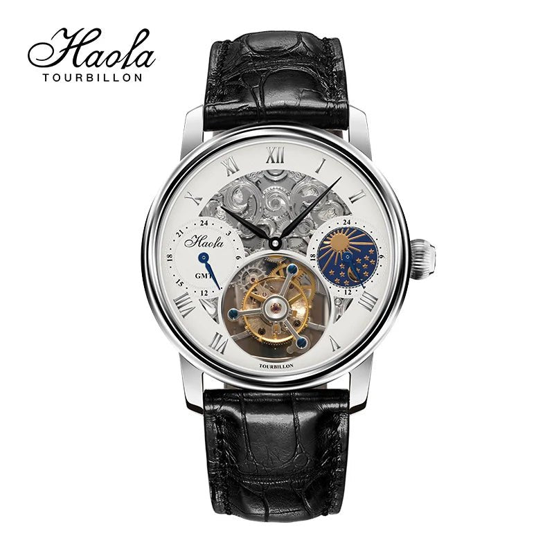 Haofa GMT Tourbillon Movement Wristwatch for Men Skeleton Luxury Moonphase Mechanical Sapphire Watches Mens 1028