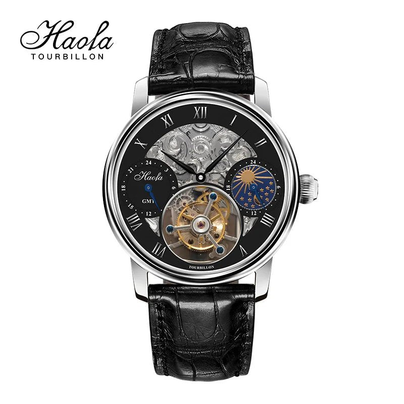 Haofa GMT Tourbillon Movement Wristwatch for Men Skeleton Luxury Moonphase Mechanical Sapphire Watches Mens 1028