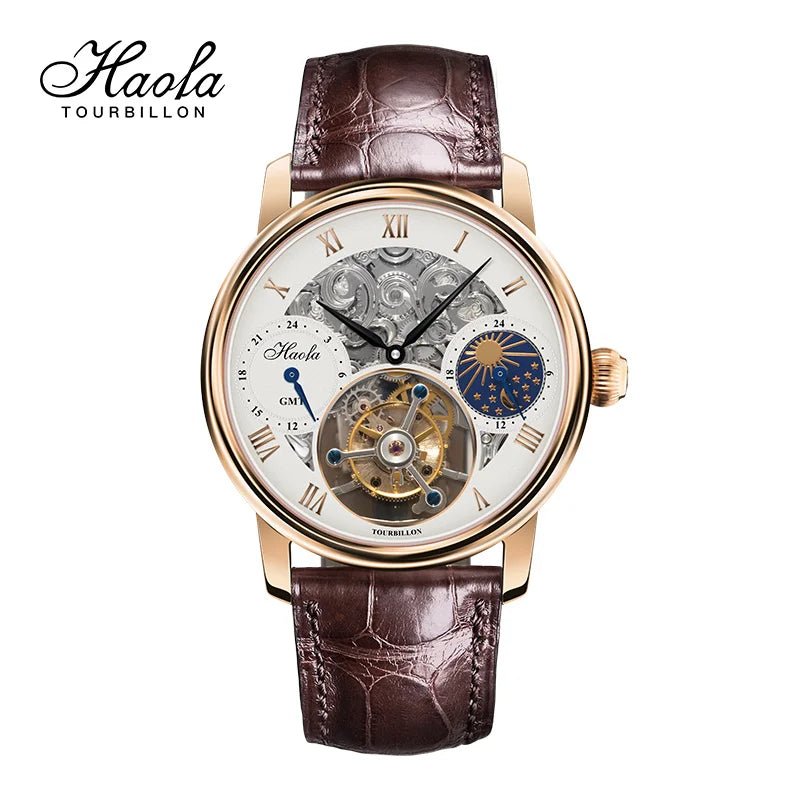 Haofa GMT Tourbillon Movement Wristwatch for Men Skeleton Luxury Moonphase Mechanical Sapphire Watches Mens 1028