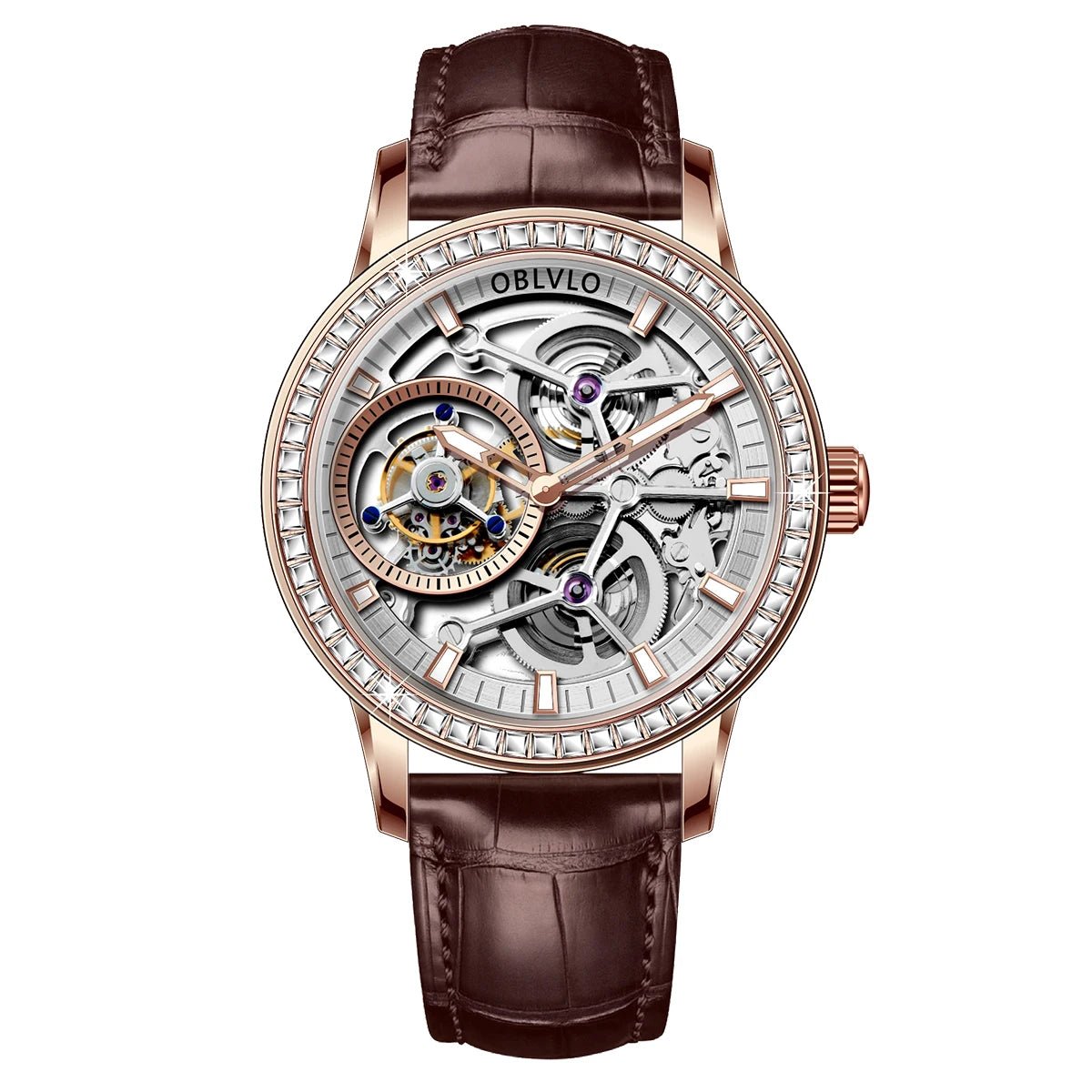 OBLVLO Designer Tourbillon Men Mechanical Watches Genuine Leather Diamond Bezel Steel Skeleton Dial Manual-Wind Watches