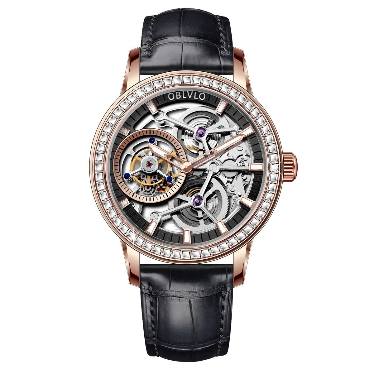 OBLVLO Designer Tourbillon Men Mechanical Watches Genuine Leather Diamond Bezel Steel Skeleton Dial Manual-Wind Watches