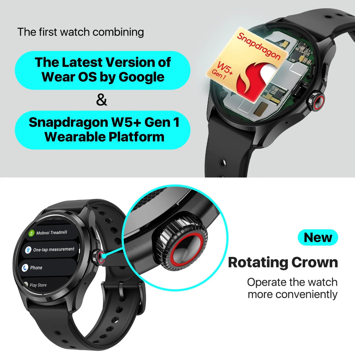 TicWatch Pro 5 Wear OS Smartwatch Built 100+ Sports Modes 5ATM Water-Resistance Compass NFC and 80Hrs Battery Life for Android